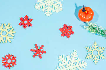 Elegant Christmas background with blue and gold decorations, including baubles, stars, and wrapped gifts. Perfect for festive holiday themes, greeting cards, and seasonal promotions