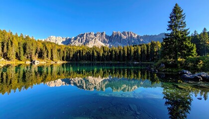 Vibrant Mountain Lake Reflecting Majestic Peaks and Evergreen Forest Under a Clear Blue Sky