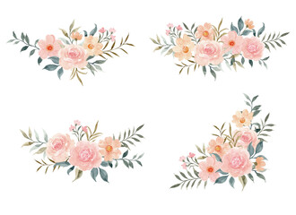 Watercolor pink rose floral bouquet collection