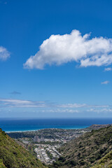 Fototapeta premium Waiʻalae Nui Gulch. Mauʻumae Ridge Trail (Puʻu Lanipō), Honoululu, Oahu, Hawaii. Koʻolau Range, shield volcano. Kahala is in the distance.