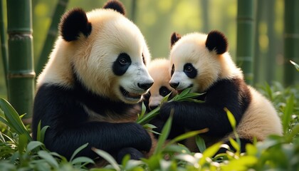 Fototapeta premium Giant panda family sits eating bamboo leaves. Mother panda with two cubs in rich green bamboo forest. Adorable bears chew stalks in natural habitat during daytime.