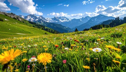 Vibrant mountain meadow landscape with colorful wildflowers and snow capped peaks under a clear blue sky with fluffy white clouds during a sunny day
