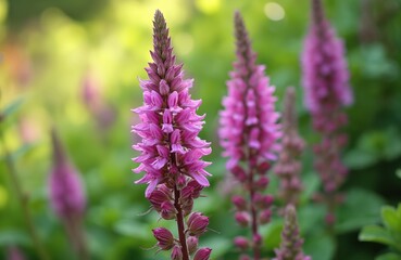 Obraz premium Purple loosestrife flower spikes bloom vibrantly in soft green garden bokeh. Small pink petals cluster on tall stems, attracting pollinators. Nature photography shows summer bloom detail. Green
