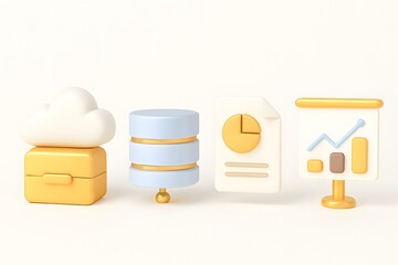 3d render of business growth and financial planning icons on white background