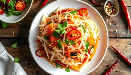 Vibrant Papaya Salad With Tomatoes Chili Peppers Cilantro And Dressing On A White Plate Set On A Wooden Table With A Side Salad