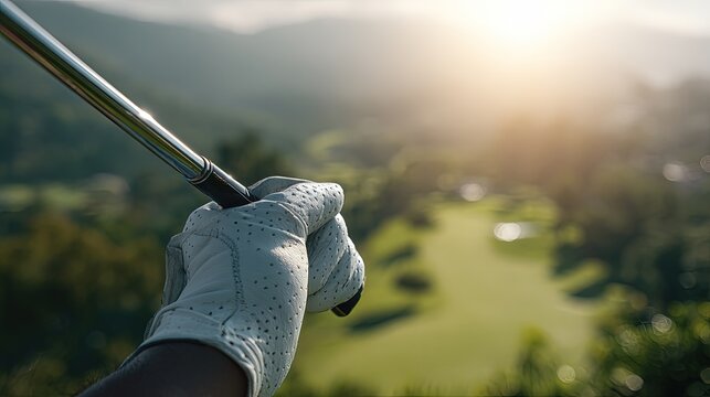 Golfer's Hand Holding Golf Club With Scenic Golf Course View