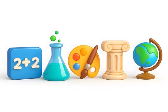 Collection of educational icons representing different subjects like math science art history and geography