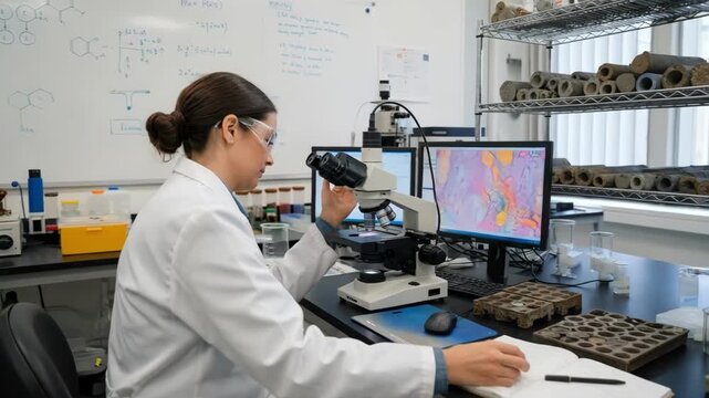 Scientist using a microscope to inspect mineral grains in rock core sections analyzing chemical compositions to predict reservoir behavior.
