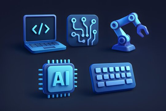 Collection of 3d rendered icons representing technology and artificial intelligence concepts