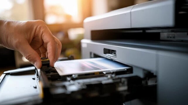 Technician carefully replacing ink cartridge in modern inkjet printer inside a bright office setting focusing on precision and maintenance.