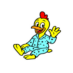 Vector illustration of a friendly cartoon chicken sitting and waving while wearing pajamas. Soft, cute, and playful comic style. Great for bedtime-themed kids designs, stickers, and mascot collections