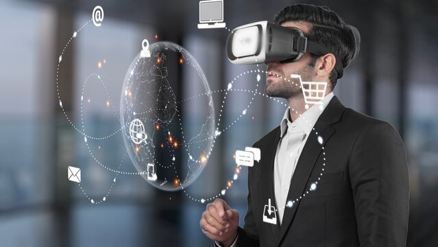A young businessman explores virtual reality in a modern office setting, interacting with digital icons and visual connections in a futuristic business environment. Raster