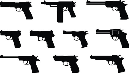 Collection of nine black handgun silhouettes in grid layout showing pistol and revolver designs for security, education, and forensic use