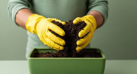 Gardener wearing yellow gloves prepares soil in rectangular planter box for indoor plant care, focusing on sustainable home gardening techniques and healthy potting practices