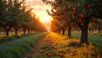 Naklejka premium Sunset over apple orchard farm with ripe fruits. Trees stand in rows along grassy path. Apples lie on ground. Scenic warm evening in fruit garden. Agriculture concept with sun.