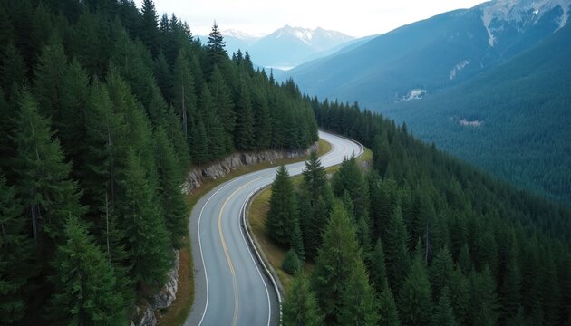 Aerial perspective shows curving highway traversing dense pine forest on steep mountain slope. Misty blue mountains, valley visible beyond tall evergreen trees. Scenic route offers remote wilderness - Powered by Adobe