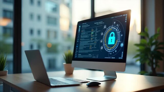 A serene office layout showcasing AI SEO tools displayed on a computer screen, designed with ample copy space for branding and a focus on digital marketing techniques, set in a bright environment.