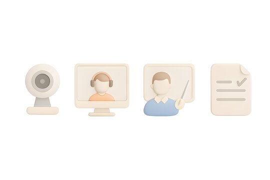 Illustration of online learning and remote work tools including webcam computer and document