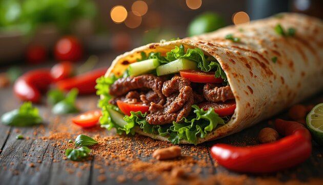 Tender grilled beef shawarma wrap with fresh lettuce cucumber and tomato slices. Savory middle eastern street food on rustic wooden table with spices and chili peppers.
