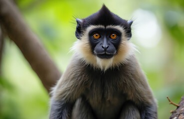 Fototapeta premium Primate with orange eyes sits on branch in forest. This wild animal has dark face, fuzzy ears, and light fur around neck. Monkey looks directly at camera.