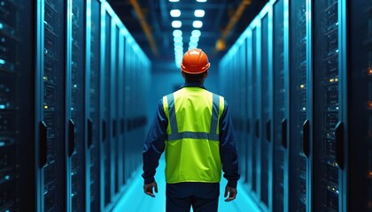 Person in safety vest, hard hat walks in modern blue lit server room. Rows of computer racks, network tech fill data center. He inspects IT infrastructure, systems for maintenance, operation.