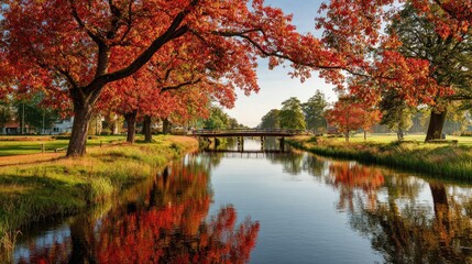 Obraz premium Autumn landscape river flows under bridge with colorful trees