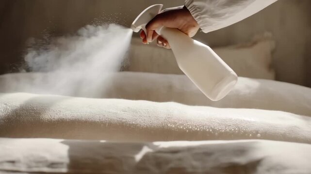 Medium shot of a person spraying microbial solution over clean bedding highlighting the application process for improving fabric health and hygiene.