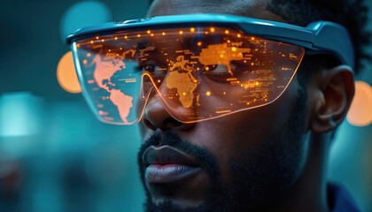 Man wears smart glasses displaying world map data. He interacts with holographic interface showing global network and information. Futuristic tech for logistics and analysis.
