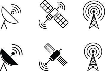Communication technology icons set with satellite, radio tower, signal waves, broadcasting equipment, vector illustration, black silhouette, isolated design elements