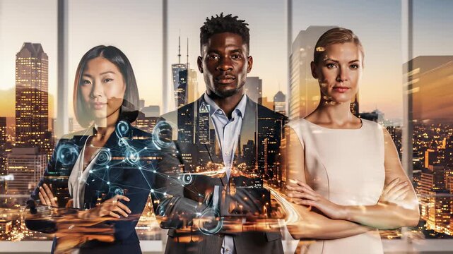 Collaborative professionals including man, woman standing in front of cityscape with lights and trio behind them perfectly conveys unity, collective vision and global nature of work or ideas.