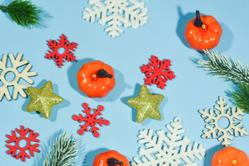 Elegant Christmas background with blue and gold decorations, including baubles, stars, and wrapped gifts. Perfect for festive holiday themes, greeting cards, and seasonal promotions