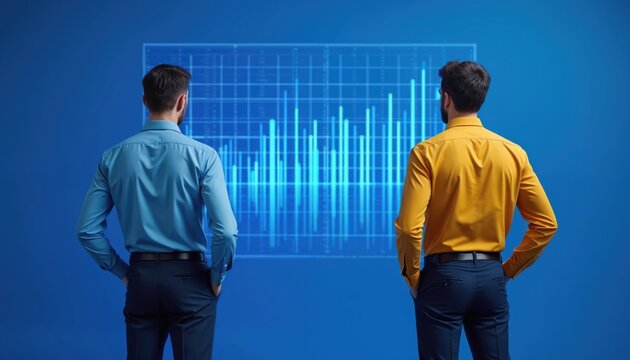 Two men review financial data on a glowing blue graph with digital grid lines. They wear collared shirts and dark pants, looking towards the future and business growth. Their backs are to the camera. - Powered by Adobe