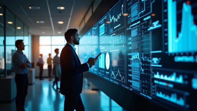 A modern finance workspace showcasing digital disruption with futuristic interfaces and financial professionals analyzing data. Bright spaces permit copy space for highlights.