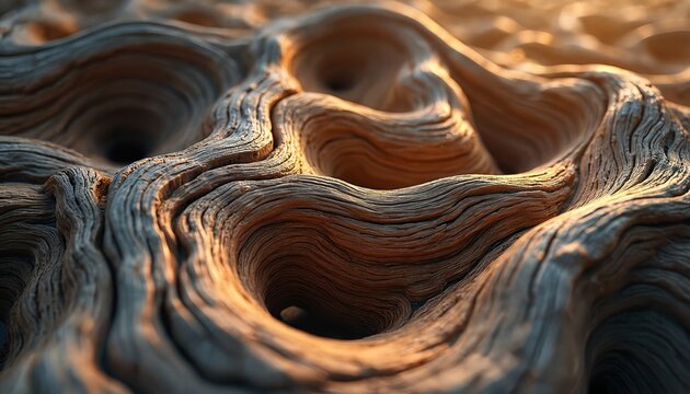 Close up of weathered wood grain showing abstract wavy lines and curves. Organic natural texture with warm light highlights natural patterns. Material detail for design background. - Powered by Adobe