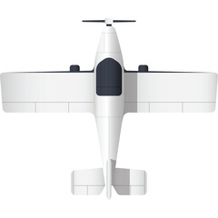 Top Down View of a White Single Engine Propeller Airplane with Dark Tinted Windows and Grey Details Isolated on White Background