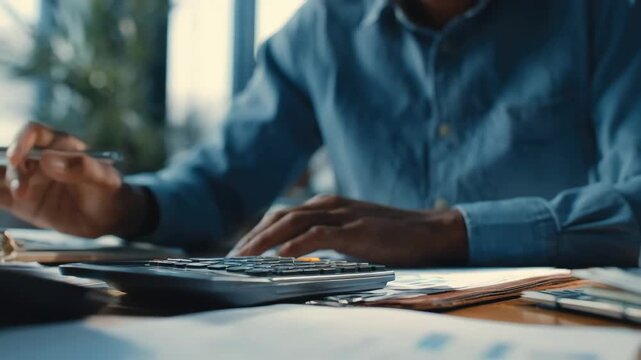 Medium shot of a financial expert reviewing weekly payroll reports with a calculator ensuring accurate wage processing and timely tax deductions in an office setting.