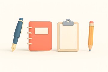 A collection of stationery items including a pen notebook clipboard and pencil on a plain background