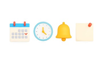 Calendar clock bell and sticky note icons representing time management and planning