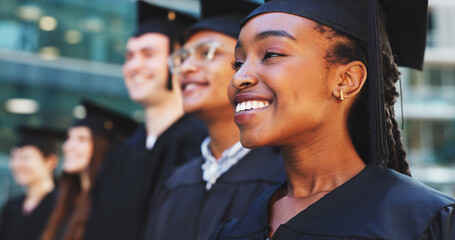 Happy people, students and graduation with ceremony for scholarship, qualification or university. Group, diversity and graduate with smile or class for academic celebration, achievement or milestone