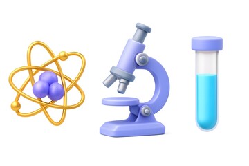 3d illustration of scientific research tools including an atom model microscope and test tube