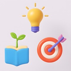 3d icons representing ideas growth and success on a light background