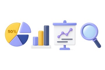 Business analysis and data visualization icons including pie chart bar graph and magnifying glass