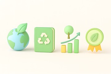 Eco friendly concept with earth recycling symbol tree batteries and award on white background