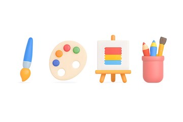 Collection of colorful art supplies including a paintbrush palette easel and brushes