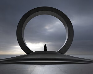 Abstract Concrete Archway With Silhouette Figure At Sunset