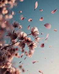 Delicate Pink Cherry Blossoms Falling Against Light Blue Sky