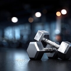 Two Silver Dumbbells On Dark Gym Floor