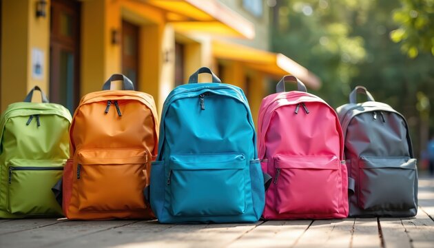 Row of colorful backpacks sit on wooden floor near school building. Ready for students starting new school year. Bags are green, orange, blue, pink, and grey.
