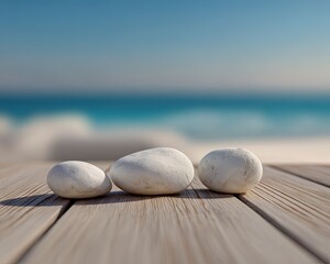 Three White Stones on Wooden Planks by the Ocean