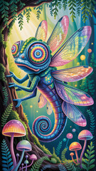 Fototapeta premium A fantastical digital artwork of a hybrid creature that seamlessly blends dragonfly and chameleon features, with enormous kaleidoscopic eyes displaying intricate spiral and mandala patterns in jewel